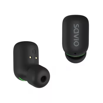 Kabellose In-Ear-Kopfhörer SAVIO TWS-09 — Bluetooth 5.1, binaural, 20–20000 Hz, 8 h Sprechzeit, Powerbank, USB-C-Ladung, Schwarz