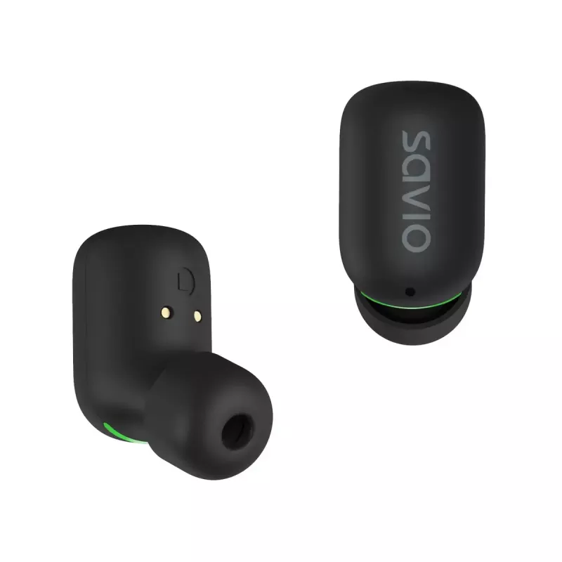 Kabellose In-Ear-Kopfhörer SAVIO TWS-09 — Bluetooth 5.1, binaural, 20–20000 Hz, 8 h Sprechzeit, Powerbank, USB-C-Ladung, Schwarz