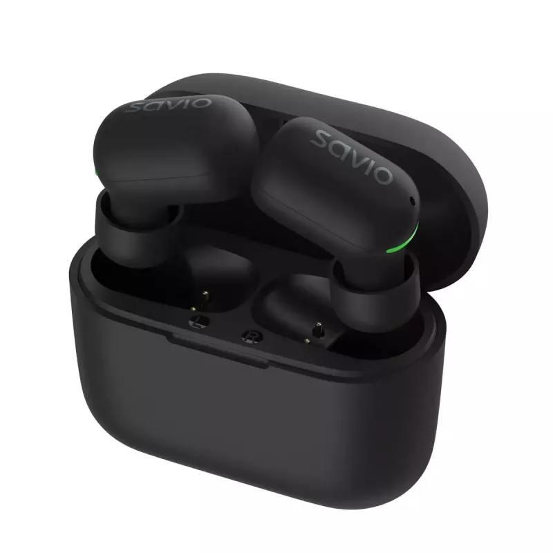 Kabellose In-Ear-Kopfhörer SAVIO TWS-09 — Bluetooth 5.1, binaural, 20–20000 Hz, 8 h Sprechzeit, Powerbank, USB-C-Ladung, Schwarz