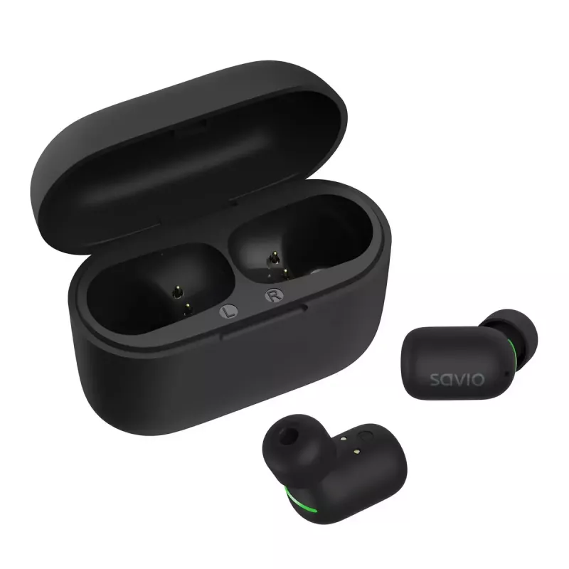 Kabellose In-Ear-Kopfhörer SAVIO TWS-09 — Bluetooth 5.1, binaural, 20–20000 Hz, 8 h Sprechzeit, Powerbank, USB-C-Ladung, Schwarz