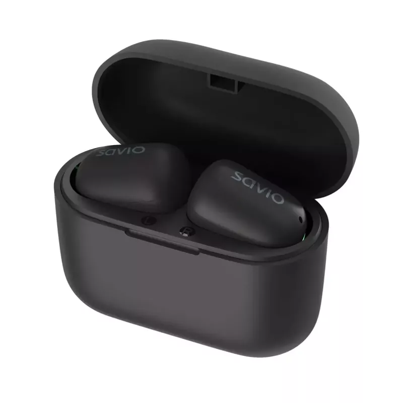 Kabellose In-Ear-Kopfhörer SAVIO TWS-09 — Bluetooth 5.1, binaural, 20–20000 Hz, 8 h Sprechzeit, Powerbank, USB-C-Ladung, Schwarz
