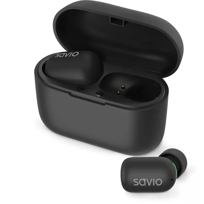 Kabellose In-Ear-Kopfhörer SAVIO TWS-09 — Bluetooth 5.1, binaural, 20–20000 Hz, 8 h Sprechzeit, Powerbank, USB-C-Ladung, Schwarz