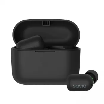 Kabellose In-Ear-Kopfhörer SAVIO TWS-09 — Bluetooth 5.1, binaural, 20–20000 Hz, 8 h Sprechzeit, Powerbank, USB-C-Ladung, Schwarz