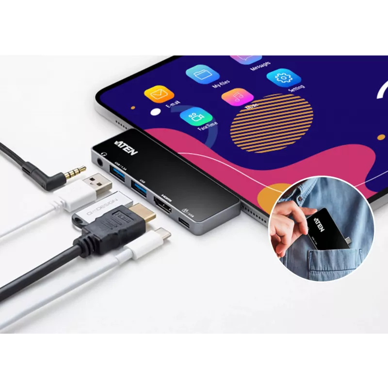 ATEN USB-C Travel Dock mit Stromdurchleitung, Universal, USB Typ-C, Schwarz, Silber
