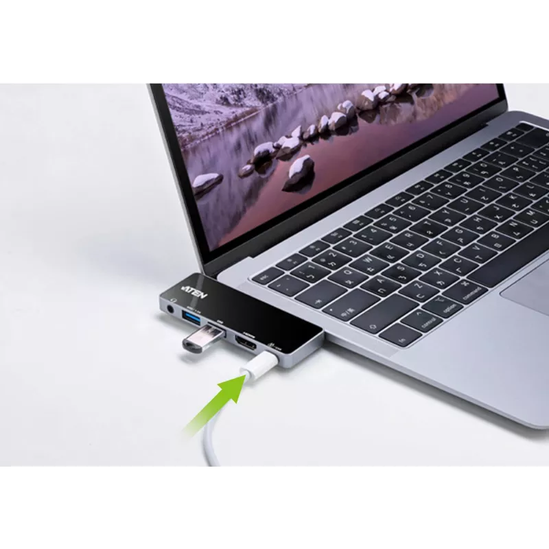 ATEN USB-C Travel Dock mit Stromdurchleitung, Universal, USB Typ-C, Schwarz, Silber