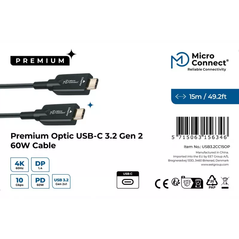 USB-Kabel Microconnect USB3.2CC15OP 15 m USB-C Schwarz 10 Gbit/s