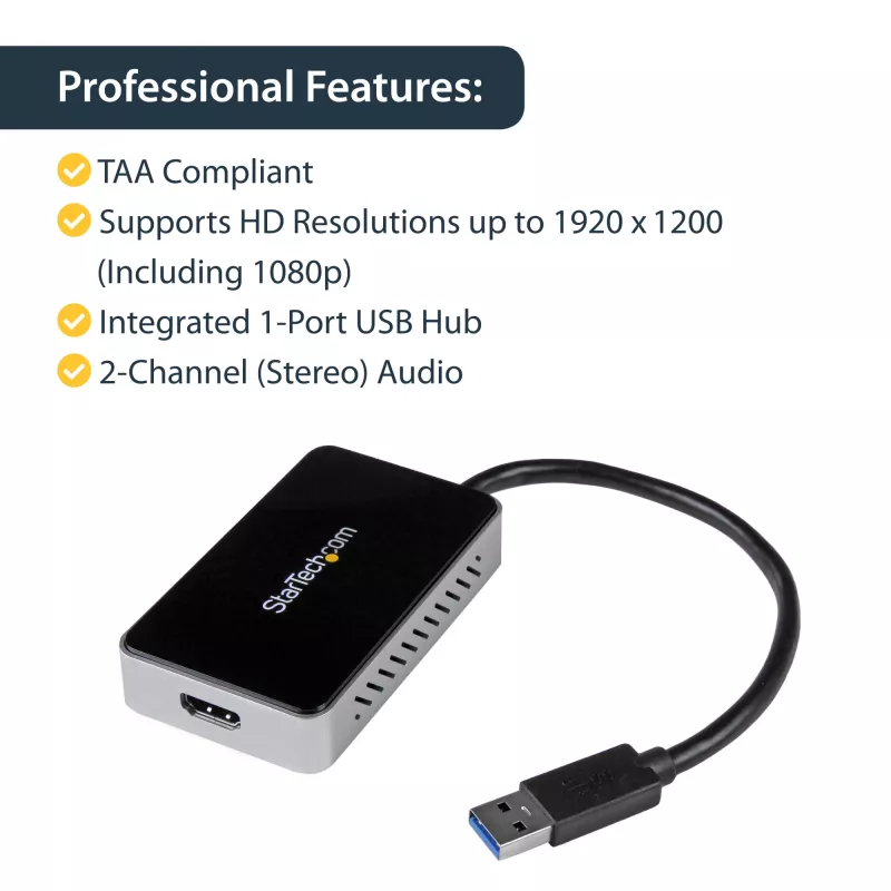 StarTech.com USB 3.0 zu HDMI Adapter mit 1x USB, USB zu HDMI Monitor Konverter für Windows (keine Unterstützung für macOS/ChromeOS/Linux) - TAA
