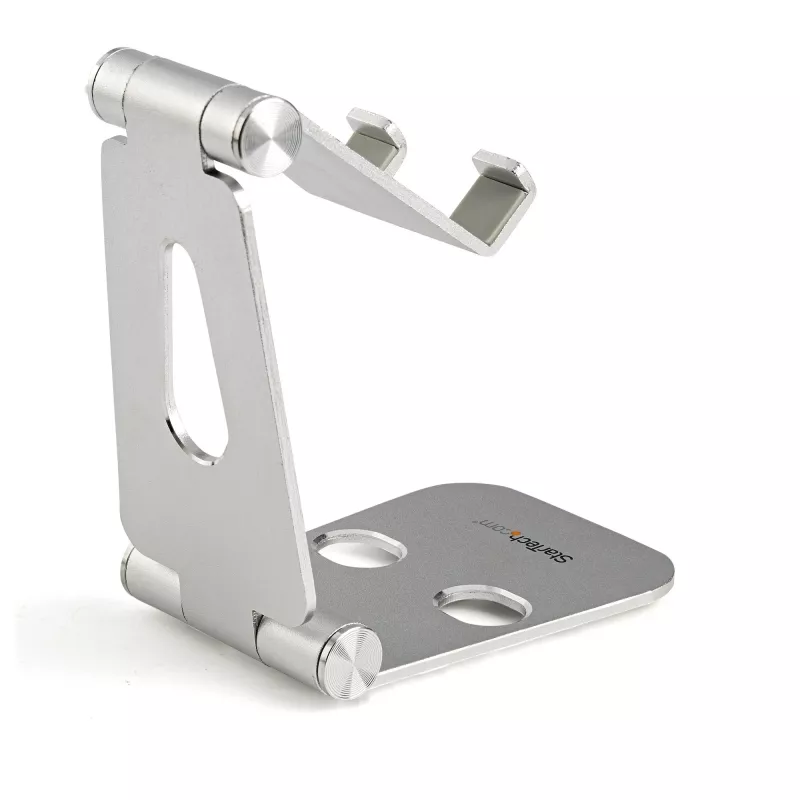 StarTech.com Telefon- und Tablet-Ständer - Faltbarer universeller Halter für Mobilgeräte, für Smartphones & Tablets - Verstellbarer Multi-Winkel ergonomischer Handy-Ständer für Schreibtisch - Tragbar - Silber