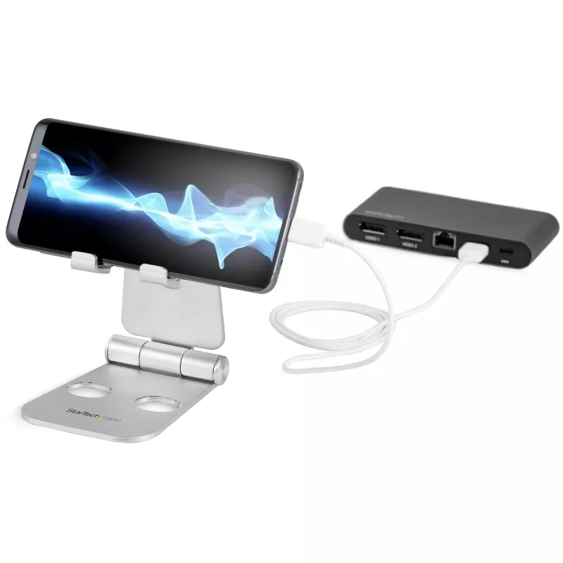 StarTech.com Telefon- und Tablet-Ständer - Faltbarer universeller Halter für Mobilgeräte, für Smartphones & Tablets - Verstellbarer Multi-Winkel ergonomischer Handy-Ständer für Schreibtisch - Tragbar - Silber