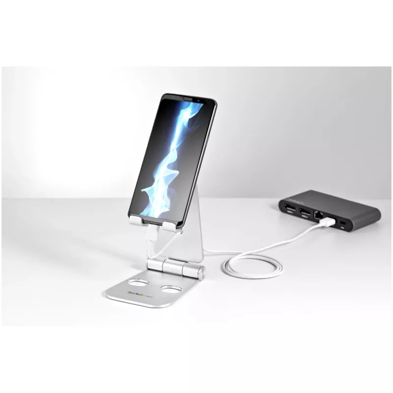 StarTech.com Telefon- und Tablet-Ständer - Faltbarer universeller Halter für Mobilgeräte, für Smartphones & Tablets - Verstellbarer Multi-Winkel ergonomischer Handy-Ständer für Schreibtisch - Tragbar - Silber
