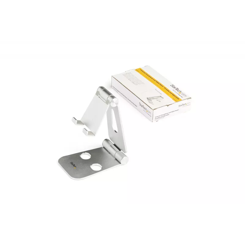 StarTech.com Telefon- und Tablet-Ständer - Faltbarer universeller Halter für Mobilgeräte, für Smartphones & Tablets - Verstellbarer Multi-Winkel ergonomischer Handy-Ständer für Schreibtisch - Tragbar - Silber