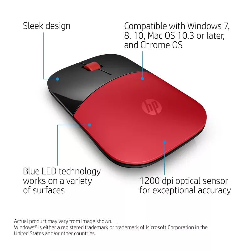 HP Z3700 Rote Wireless-Maus, beidhändig, Optisch, RF Wireless, 1200 DPI, Rot