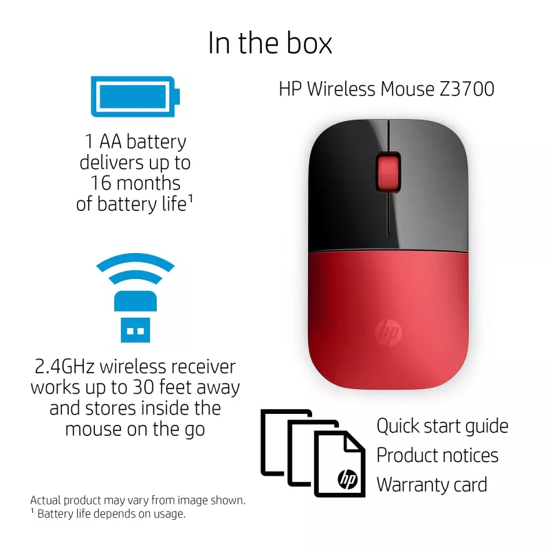 HP Z3700 Rote Wireless-Maus, beidhändig, Optisch, RF Wireless, 1200 DPI, Rot