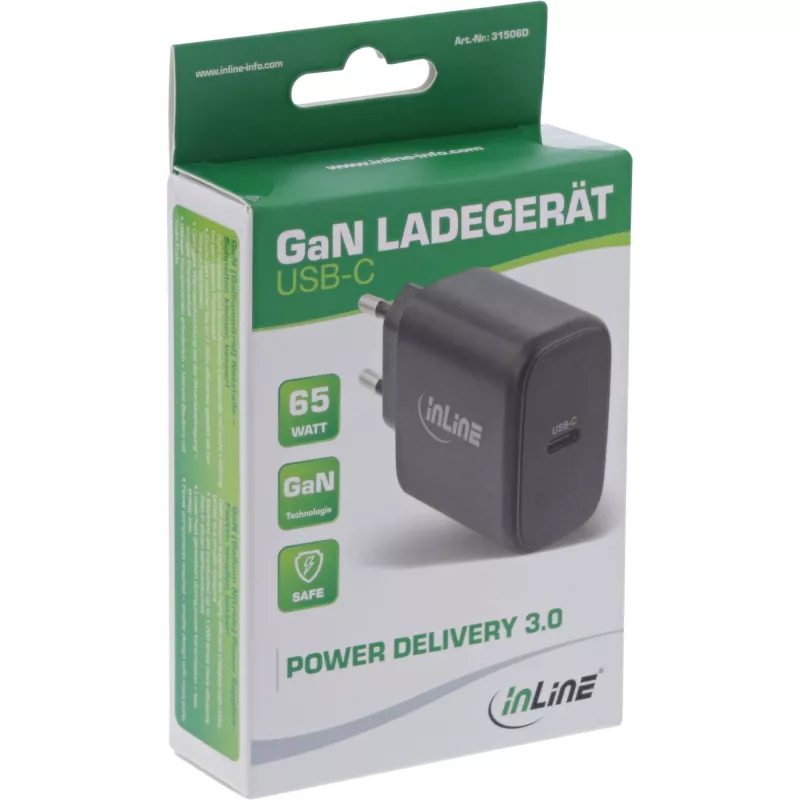 InLine USB PD Netzteil, GaN-Ladegerät, Einzel-USB-C, Power Delivery, 65 W