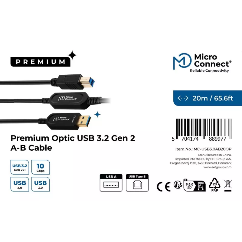 Microconnect MC-USB3.0AB20OP USB-Kabel USB 3.2 Gen 2 (3.1 Gen 2) 20 m USB A USB B Schwarz