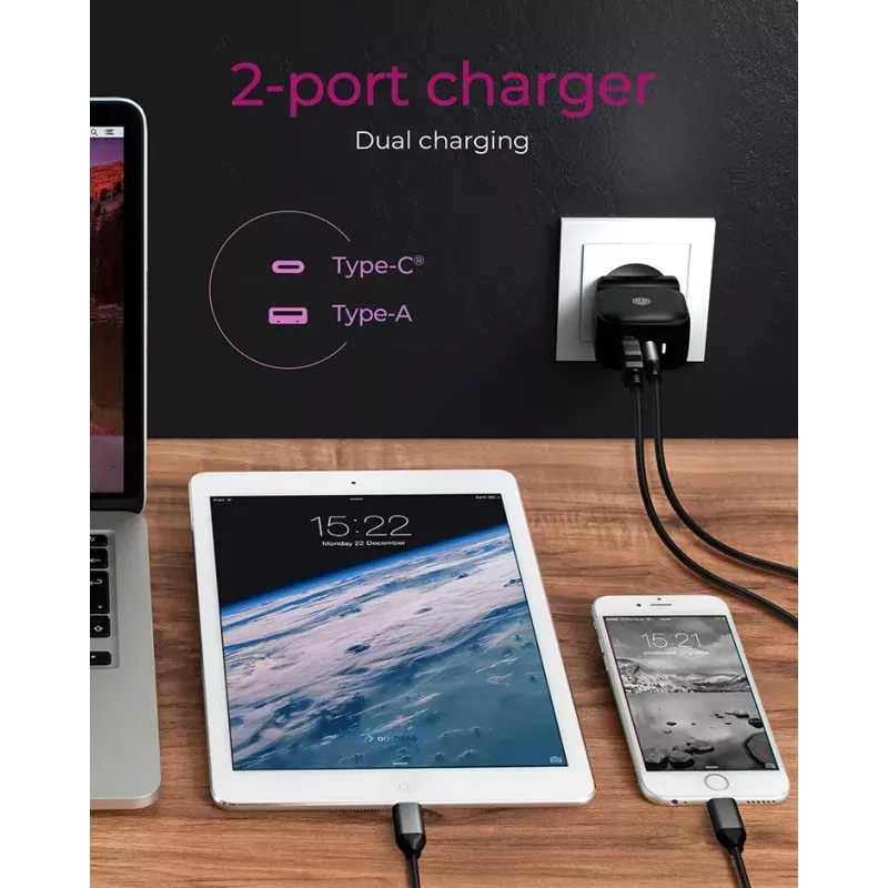 Wandladegerät ICY BOX 2-Port USB Power Delivery Schnellladung Schwarz