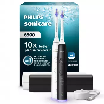 Schallzahnbürste Philips Series 6500 HX7419/01 — Schalltechnologie, 62.000 Bewegungen/Min., 3 Modi, Drucksensor, 2 Handstücke, 2 Bürstenköpfe, Reiseetui
