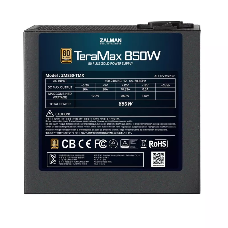 Zalman ZM850-TMX TerraMax 80 PLUS GOLD PSU 850W/Full-modular 99.9% Active PFC/Single power supply unit Schwarz