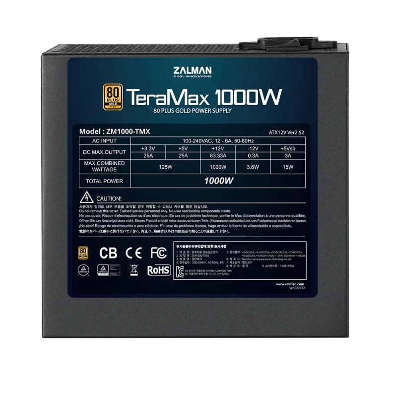 Zalman ZM1200-TMX TerraMax 80 PLUS GOLD PSU 1200W/Full-modular 99,9% Active PFC/Single-Netzteil
