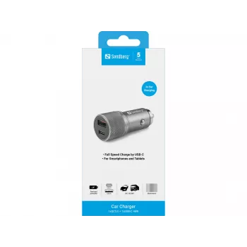 Sandberg Autoladegerät 1xQC3.0+1xUSB-C 48W, Auto, Zigarettenanzünder, 12 V, Metallic