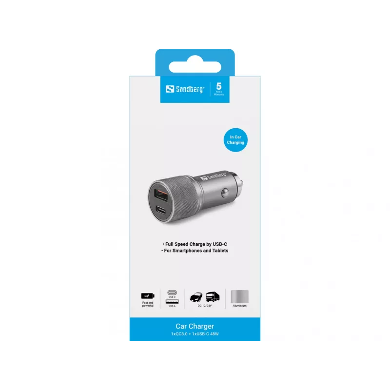 Sandberg Autoladegerät 1xQC3.0+1xUSB-C 48W, Auto, Zigarettenanzünder, 12 V, Metallic