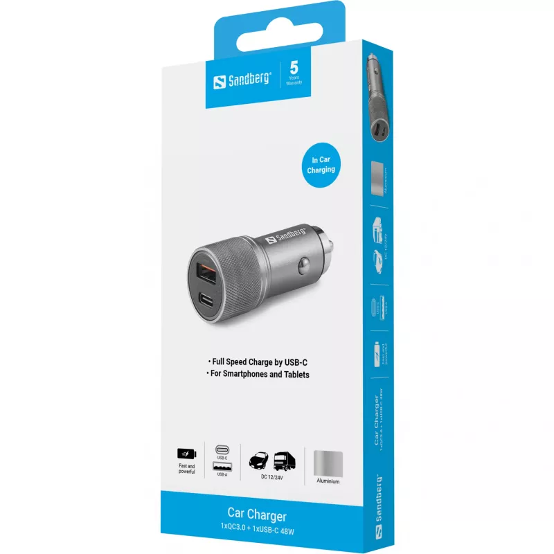 Sandberg Autoladegerät 1xQC3.0+1xUSB-C 48W, Auto, Zigarettenanzünder, 12 V, Metallic