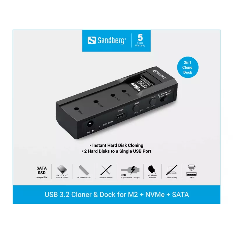 Sandberg USB 3.2 Kloner und Dock für M2 + NVMe + SATA