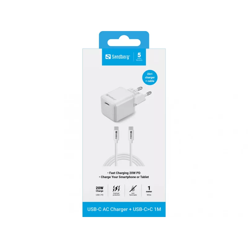 Sandberg USB-C 20W Ladegerät Indoor AC 1M Kabel Schnellladung