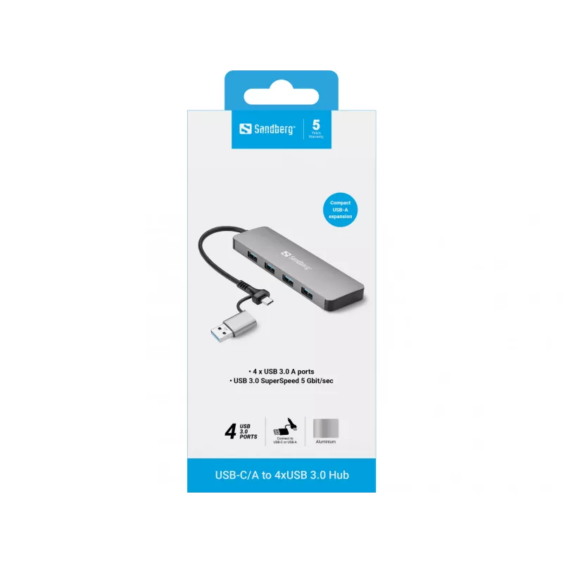 Sandberg USB-C/A auf 4xUSB 3.0 Hub Aluminium 5000 Mbit/s
