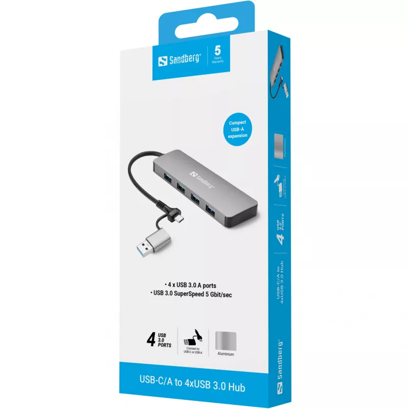 Sandberg USB-C/A auf 4xUSB 3.0 Hub Aluminium 5000 Mbit/s