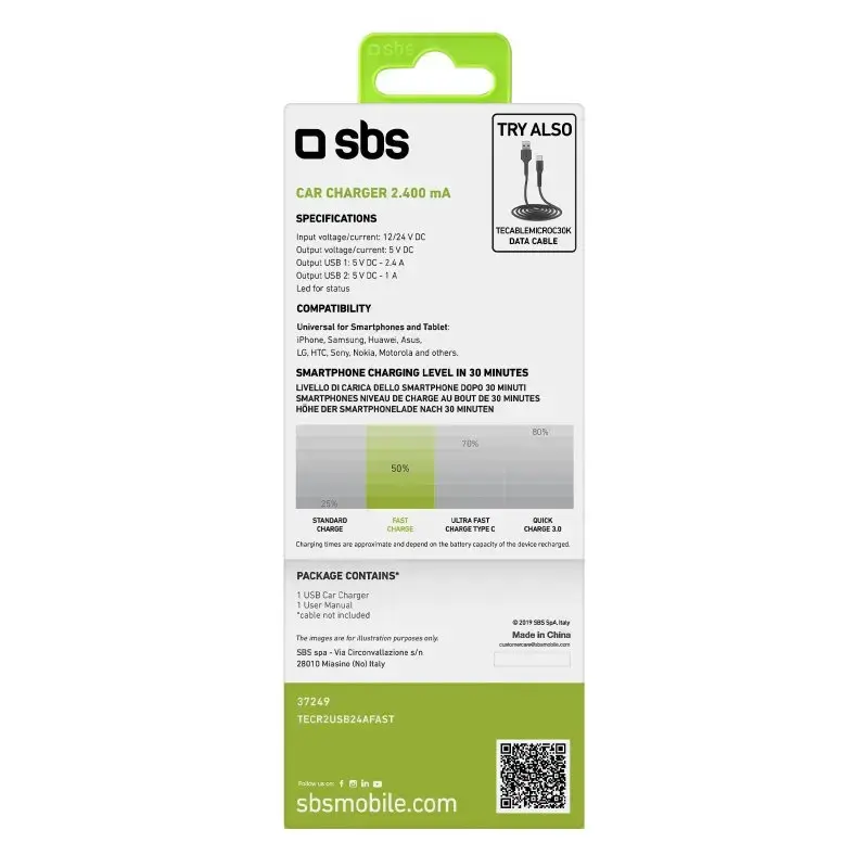 Auto-Ladegerät SBS Mobile TECR2USB24AFAST — Auto-USB-Ladegerät, Zigarettenanzünder-Stromversorgung, universell, schwarz