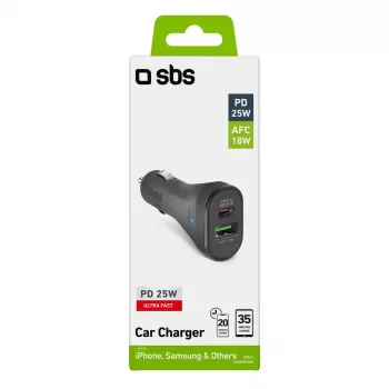 Auto-Ladegerät SBS Mobile TECRPD25W — Zigarettenanzünder, 12–24 V, 1×USB-A, 1×USB-C, Schnellladung, Schwarz