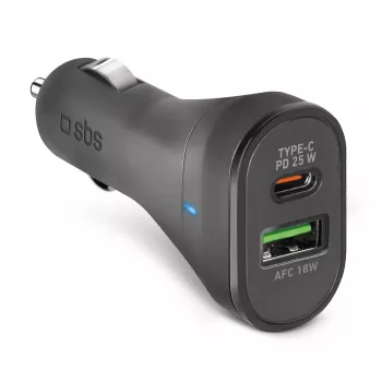 Auto-Ladegerät SBS Mobile TECRPD25W — Zigarettenanzünder, 12–24 V, 1×USB-A, 1×USB-C, Schnellladung, Schwarz
