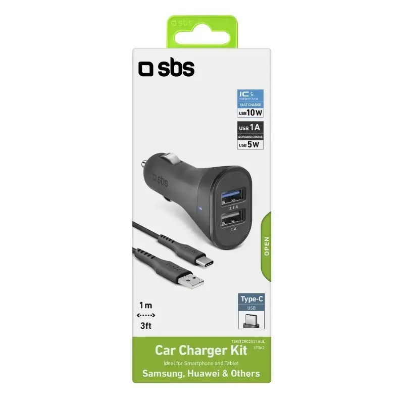 Auto-Ladekit SBS Mobile USB-Type-C, 2× USB 2.0 Anschlüsse, 1 m Kabel, 12 W, 12/24 V Eingang, schwarz