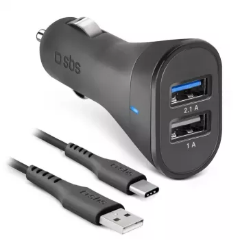 Auto-Ladekit SBS Mobile USB-Type-C, 2× USB 2.0 Anschlüsse, 1 m Kabel, 12 W, 12/24 V Eingang, schwarz