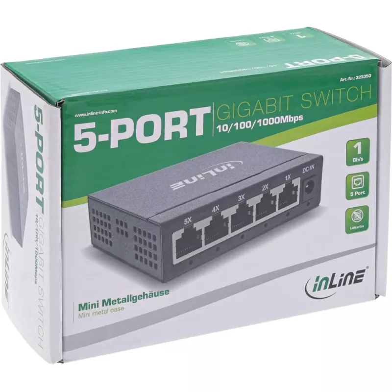 InLine Gigabit-Netzwerk-Switch 5-Port, 1 Gb/s, Desktop, Metallgehäuse, lüfterlos