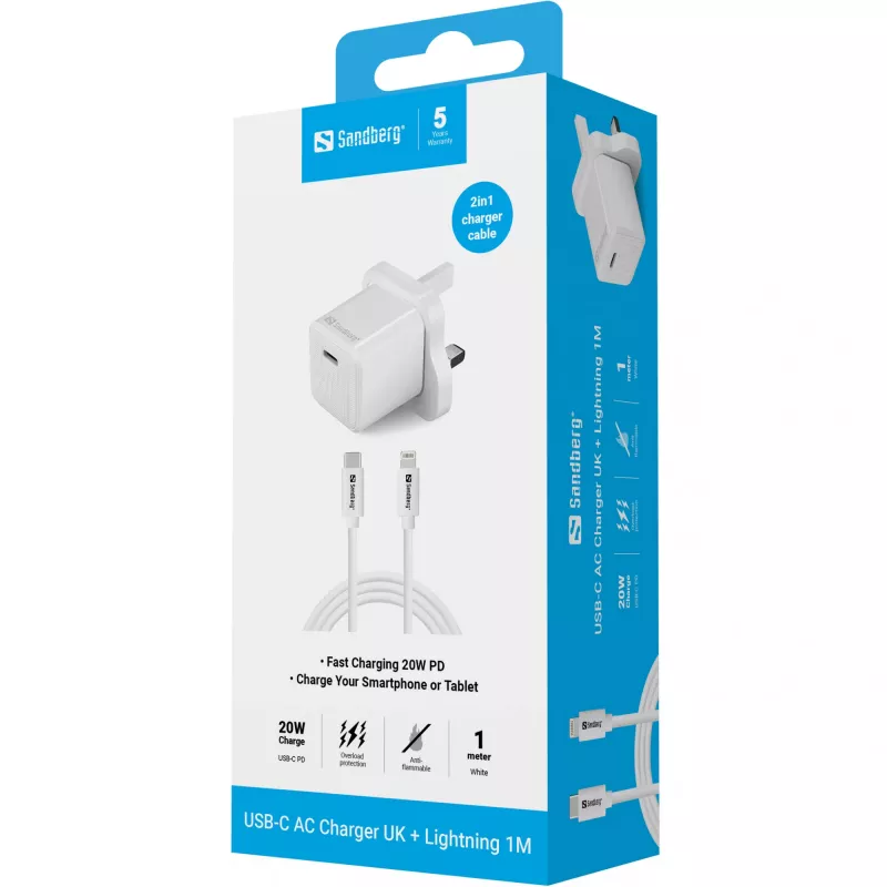 USB-C-Ladegerät SANDBERG 441-64 20W UK-Stecker – schnelles Laden mit USB Power Delivery