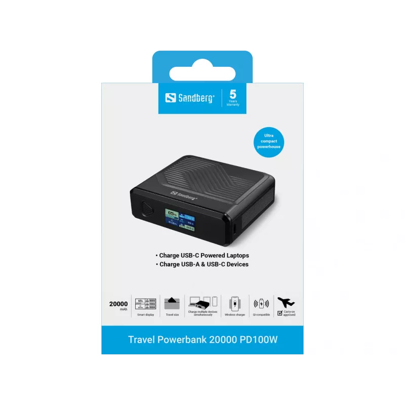 Tragbares Ladegerät Sandberg Travel Powerbank 20000 PD100W, 20000 mAh