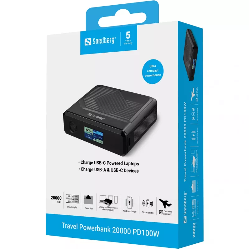 Tragbares Ladegerät Sandberg Travel Powerbank 20000 PD100W, 20000 mAh