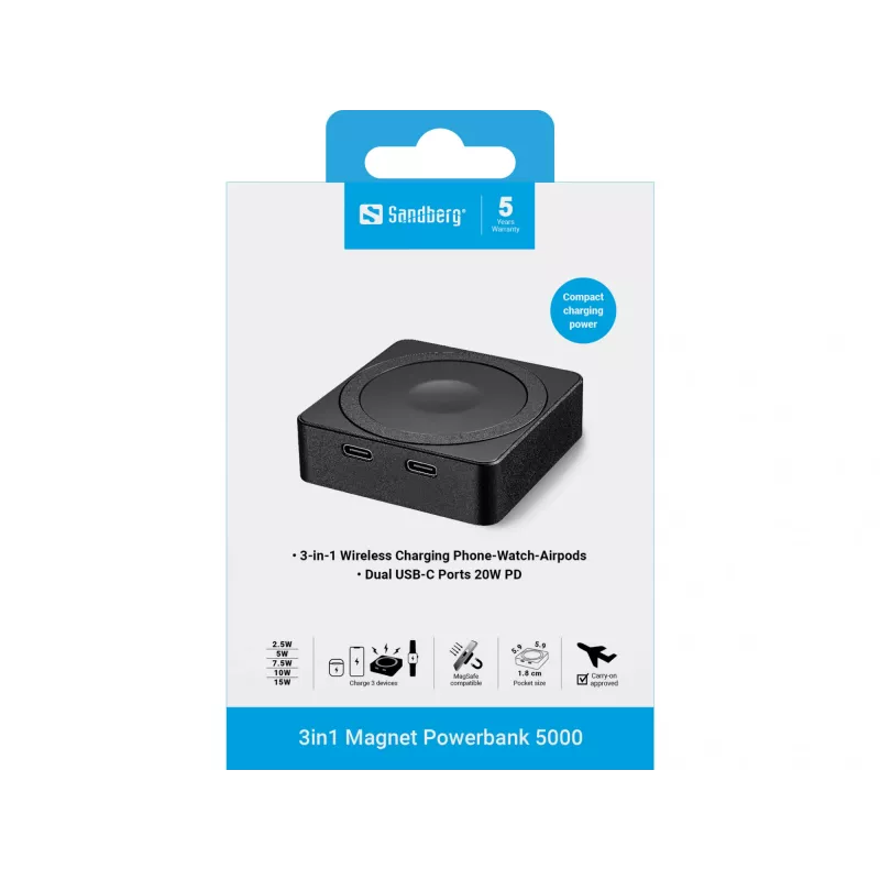 Tragbarer Akku Sandberg 3in1 Magnet Powerbank 5000, 5000 mAh