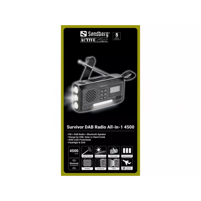 Tragbares Radio SANDBERG Survivor DAB Radio All-in-1 4500 — DAB+/FM, 87,5–108 MHz, 3 W RMS, USB-A & USB-C, 4500-mAh-Akku