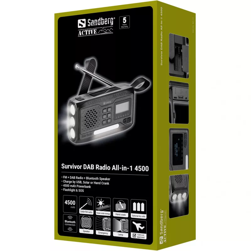 Tragbares Radio SANDBERG Survivor DAB Radio All-in-1 4500 — DAB+/FM, 87,5–108 MHz, 3 W RMS, USB-A & USB-C, 4500-mAh-Akku