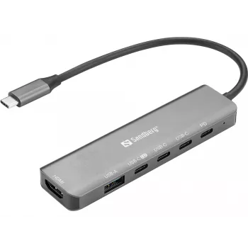 Docking-Hub SANDBERG USB-C 6-in-1 MediaDock — USB 3.2 Gen 1 Type-C 10 Gbit/s, 4K HDMI, PD bis zu 100 W, 1×USB-A, 1×USB2.0, grau