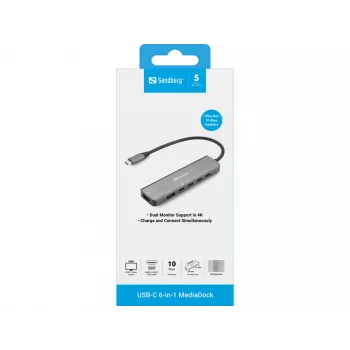 Docking-Hub SANDBERG USB-C 6-in-1 MediaDock — USB 3.2 Gen 1 Type-C 10 Gbit/s, 4K HDMI, PD bis zu 100 W, 1×USB-A, 1×USB2.0, grau