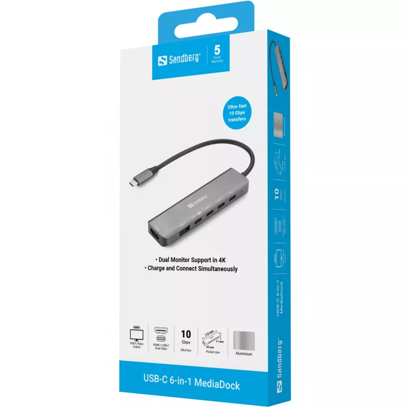 Docking-Hub SANDBERG USB-C 6-in-1 MediaDock — USB 3.2 Gen 1 Type-C 10 Gbit/s, 4K HDMI, PD bis zu 100 W, 1×USB-A, 1×USB2.0, grau