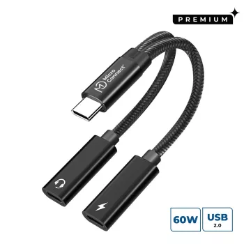 Microconnect MC-USBC-CFCF Adapter USB-C-Stecker auf USB-C-PD- und USB-C-Audio-Buchse, 60 W Power Delivery, 0,13 m, Silber