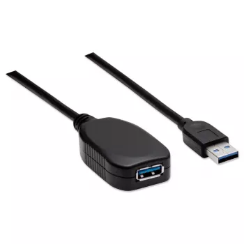 Manhattan USB-A-auf-USB-A-Verlängerungskabel, 5 m, Stecker auf Buchse, Aktiv, 5 Gbit/s (USB 3.2 Gen1, auch bekannt als USB 3.0), integrierter Repeater, SuperSpeed USB, Schwarz, drei Jahre Garantie, entspricht USB2AAEXT5M.