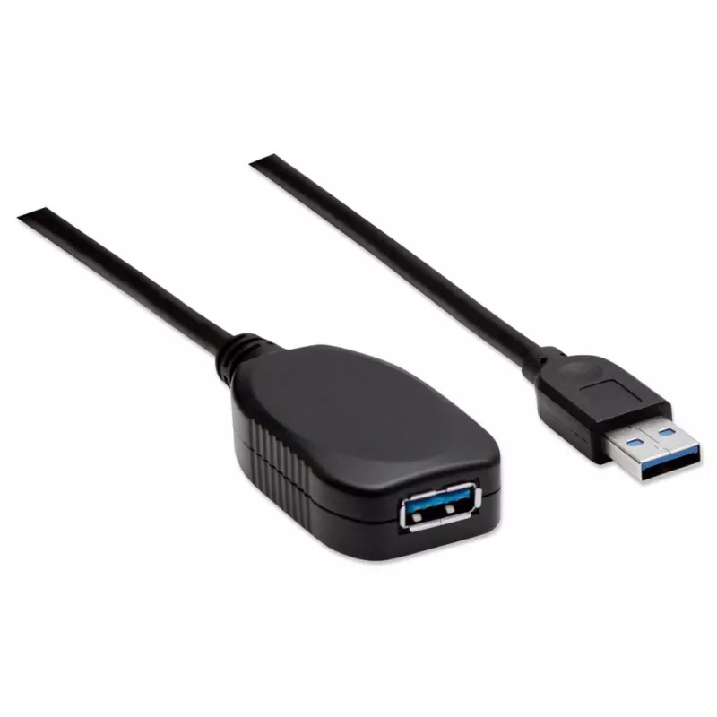 Manhattan USB-A-auf-USB-A-Verlängerungskabel, 5 m, Stecker auf Buchse, Aktiv, 5 Gbit/s (USB 3.2 Gen1, auch bekannt als USB 3.0), integrierter Repeater, SuperSpeed USB, Schwarz, drei Jahre Garantie, entspricht USB2AAEXT5M.