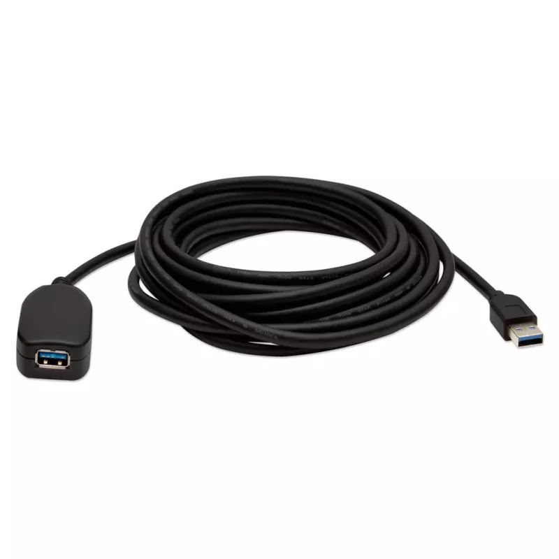 Manhattan USB-A-auf-USB-A-Verlängerungskabel, 5 m, Stecker auf Buchse, Aktiv, 5 Gbit/s (USB 3.2 Gen1, auch bekannt als USB 3.0), integrierter Repeater, SuperSpeed USB, Schwarz, drei Jahre Garantie, entspricht USB2AAEXT5M.