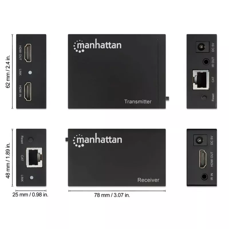 Manhattan HDMI 1080p über Ethernet Extender Kit, bis zu 50 m mit einem Cat6-Kabel, Tx- & Rx-Module, IR-Unterstützung, drei Jahre Garantie